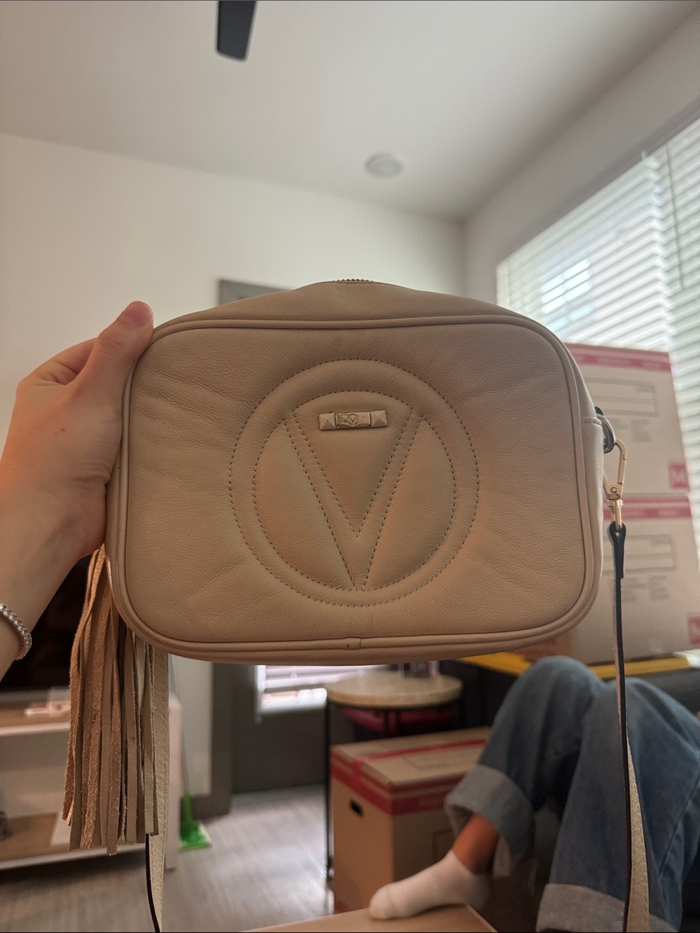 Mario Valentino Taupe Pebbled Leather Crossbody with Tassel
